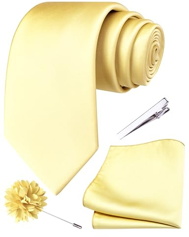 Branduce Light Yellow Tie for Men Wedding Solid Satin Silk Blend Necktie Pocket Square Tie Clip and Lapel Pin Brooch Set (TA14-11)