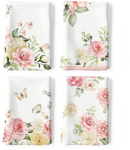 Arquiel 4 st vattenfärg blommor kök kökshanddukar 100 % bomull rosa blommig fjäril handdukar flera användningsområden snabbtorkande disktrasa för bord, köksdekor, inflyttningspresenter