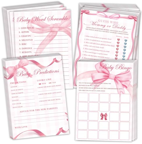 Mecholey Pink Bow Baby Shower Games for Girl, 4 Games for 25 Guests, Guess Who Mommy or Daddy, Word Scramble for Baby Shower Decorations