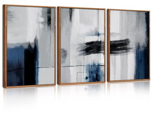 BINCUE 3 Stück Abstrakte Wandkunst,Blau & Grau Abstrakte Wandbilder,Moderne Wohnzimmer Leinwandbild,Schwarz Weiße Minimalistische Wanddeko für Wohnzimmer,Schlafzimmer,Büro,30x40cm