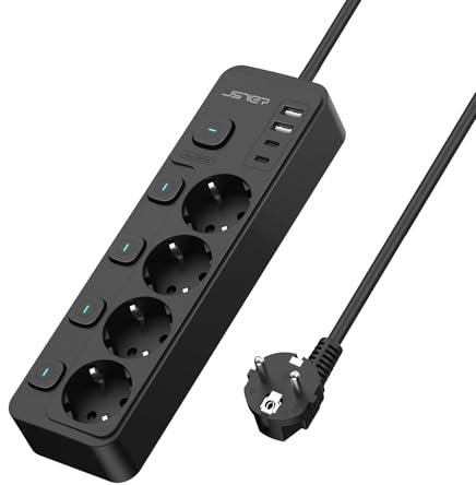 JSVER Regleta Enchufe USB de 4 Tomas con 4 Interruptor Individualcon, Regleta 4 USB Puertos(2 A,2 C) Alargadera Electrica para el hogar, la Oficina y los ViajesCable 2m-Negro