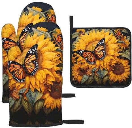 Set di 3 guanti da forno e presine con girasole e farfalla natalizia, regalo per la famiglia per la cucina, resistenti al calore, set di 3