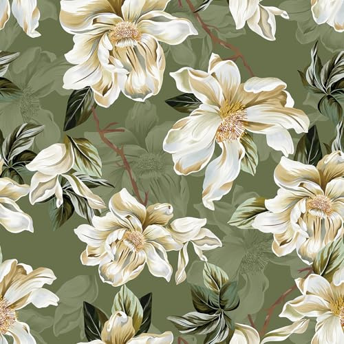 ANHUIB Tapete Blätter Blume Grüne Pflanze Fototapete Retro Weiße Blumen Tapete Wohnzimmer Wandtattoo Selbstklebende (44×300cm) Blumen Möbelfolie Grün Pflanzen Klebefolie Schlafzimmer Badezimmer Küche