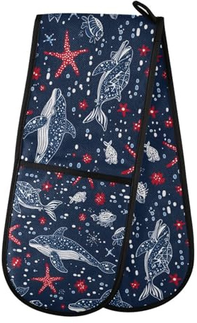 Oven Gloves Double Oven Gloves Navy Nautical Coastal Heat Oven Mitts Pot Holder Heat Resistant Quilted for BBQ Baking Kitchen Cooking Gloves