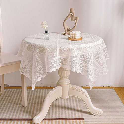 Tischdecke Rund Spitze Vintage Boho,Tischdecken im Vintage-Stil, 60cm Weiß Blumen Muster Tischtuch,Tischwäsche Retro Weißer Tisch Dekor Hochzeit Party,Küche, Garten (60x60 cm)