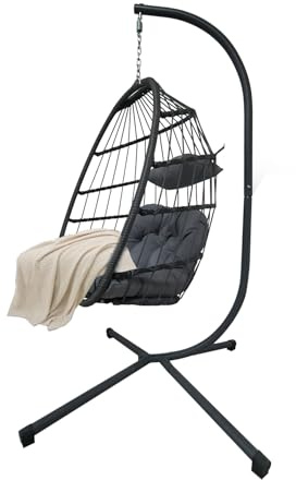 Swing Chairs,Egg Chair Rattan Hanging with Cushion, Foldable Egg Chairs Outdoor Indoor, Garden Patio Hammock Chair with Stand & Adjustable Height, upto 130 Kg Weight Capacity (Grey)