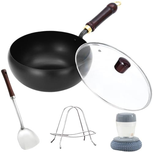 Suntuup Japanese Iron Pan – Hand-Forged Uncoated Wok with Spatula, Stand & Cleaning Brush, Naturally Non-Stick, Durable Yet Lightweight, for Gas & Induction Cooktops (Glossy glass lid, 24 cm)