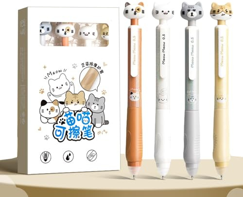 Radierbarer Gelschreiber - Kugel am Ende zum Entfernen der Tinte, 4 Stück Radierstift mit catkopf, Schwarz 0,5mm, Radierbarer Kugelschreiber, Radierbarer Tintenroller, Stifte für Studenten (schwarz 1)