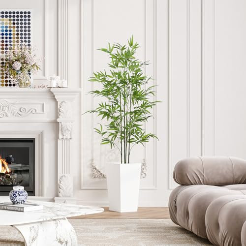 YOLEO 5.5FT Artificial Bamboo Tree with White Tall Planter, Lifelike Fake Silk Tree Indoor, Faux Bamboo Tall Plant for Living Room Bedroom Balcony Corner Office Decor