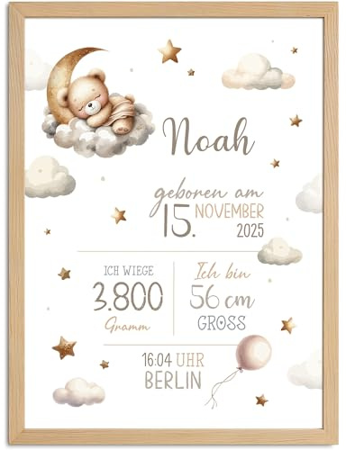 SpecialMe® Baby Poster personalisiert mit Geburtsdaten – Geburtsposter mit Teddybär, Wolken & Sternen – Name Datum Größe Gewicht – Geschenk zur Geburt