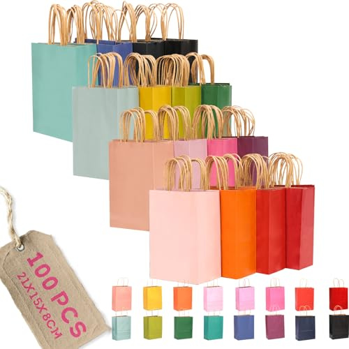 Gcardist 100 piezas de bolsas de regalo pequeñas de papel con asas–21,1 cm × 15,2 cm × 8 cm, pequeñas bolsas de fiesta de papel kraft – 16 colores monocromáticos
