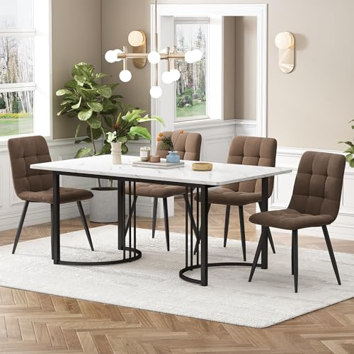 IHO SOFA 140x80cm Esstisch mit 4 Stühlen Set, Essgruppe mit Rechteckiger Küchentisch und Esszimmerstühle, Esstisch mit Stühle, Schwarz Tischbeine und Braun Samt Küchenstühle