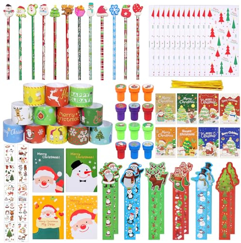 82Stück Mitgebsel Weihnachten,Weihnachts Füllung Geschenke mit Schnapparmband Notizblock Klein Bleistifte Tattoo Stempel Weihnachtstüten Briefpapier Weihnacht Party Mitgebsel Weihnachtsfeier Füller