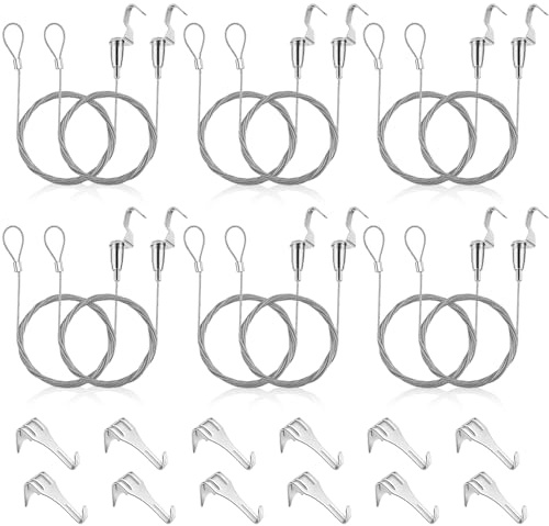 12 Stück Bildaufhänger Set, 2m × 1.5mm Galerieschienen für Bilder Bilderschienen Aufhängesystem Max 40KG Aufhänger Draht für Bilder Bilderhaken für Hängen Gemälde Kunstwerke