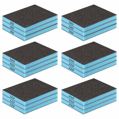 18 PCS Sanding Sponge Set, Wet Dry Sanding Blocks Flexible Sandpaper Sanding Pads Reusable Sand Foam for Wood Plastic Wall Metal DIY Model Polishing (80/100/120/180/220/240 Grit, 3 Pieces Each)