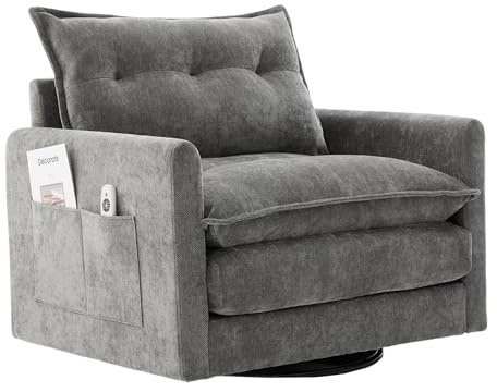 Bladez 360° Drehsessel Loungesessel mit Armlehnen, Polstersofa Relaxsofa Sessel Chenille Stoff, großes Einzelsofa Sessel im modernen Stil mit Kissen für Wohnzimmer, Schlafzimmer (Grau)