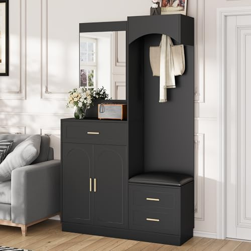 A ALFRESCOOL Armadio con specchio, corridoio, guardaroba e scarpiera, combinazione di mobili per corridoio, ingresso, scaffale multifunzionale, camera da letto, set di guardaroba (nero)