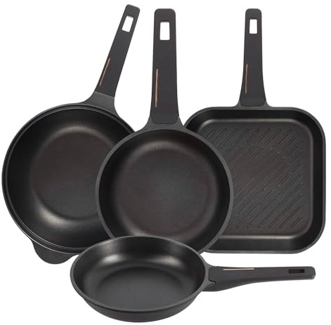Juego de 2 Sartenes Ø24Ø28cm + Sartén Grill 28x28cm + Wok Ø30cm en aluminio fundido color Negro Copper Bergner