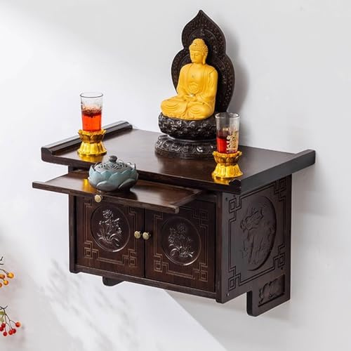 RTTZBOZ Wandmontierter Buddhistischer Altar, Altartisch aus Holz mit Ausziehbaren Ablagen und Schublade für Tempel und Wohnungen(50cm/20in)