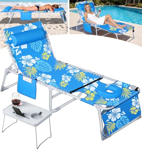 KingSom Sonnenliege Klappbar mit Gesichtsöffnung, Gartenliege mit Klappbarer Beistelltisch, 6-Fach Verstellbare Liegestuhl Klappbar mit Kopfkissen&Seitentasche, bis 160kg, Strandliege für Garten, Pool