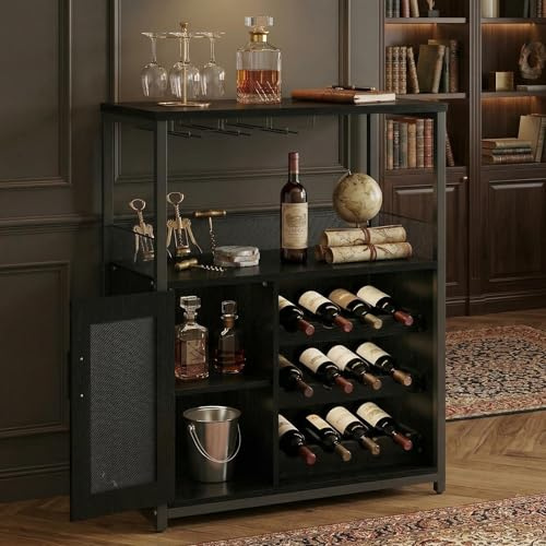 JOLLYTOP Weinbar Schrank 36 – Kompakter Bar Schrank Mit Verstellbaren Ablagen, Glashalter & Metallgittertür – Liquorschrank & Kaffeebar Möbel Für Küche & Esszimmer,Schwarze