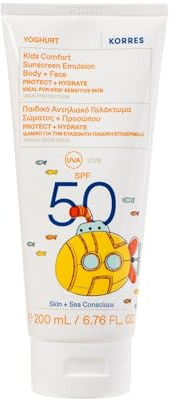 KORRES YOGHURT Emulsión solar protectora para niños SPF 50, crema solar resistente al agua con aceite de almendras y yogur griego, de rápida absorción y suave para la piel, 200 ml.