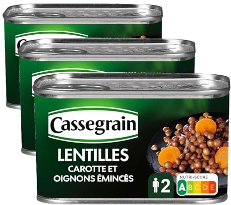 CASSEGRAIN - Lentilles Préparées - Lentilles & Carottes - Tendres et Fondantes - Nutri-Score A - Emballage 100% Recyclable - Boîte de Conserve 400 g (Lot de 3)