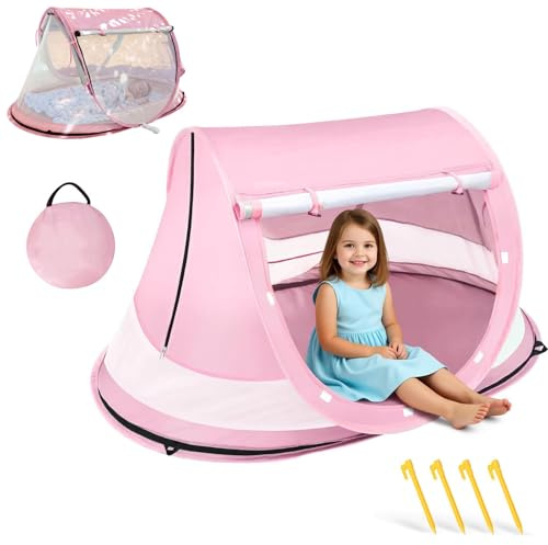 XIUWOUG Strandmuschel Baby uv Schutz 50, Pop up Strandzelt als Sonnenschutz für den Strand, 360° Moskitonetz Zelt, Inklusive Tragetasche für Reisen und Camping, Geeignet für Sand und Rasen,Rosa