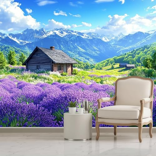 Papel Pintado Fotomural Campo de lavanda de la montaña nevada 200 x 140 cm Panorámico para salón dormitorio infantil decoración pared Púrpura moderna mural grande