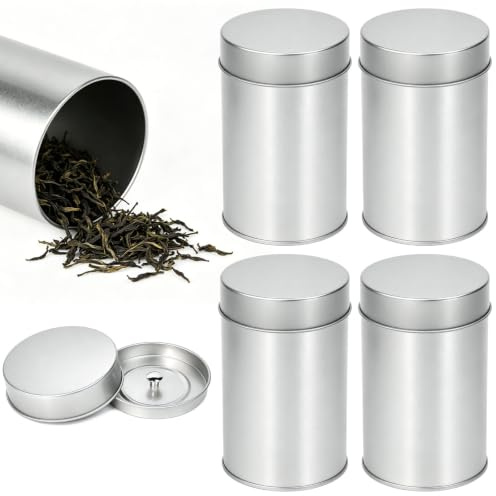 FTISSLY 4 Stück Teedosen für Losen Tee 100g Blechdose mit Deckel Teebehälter Metall Teebox Silber Vorratsdosen Tee Lose 11,2 x 7,2cm Kleine Runde Te-Box-Aufbewahrung für Gewürze Kräutertee Zucker