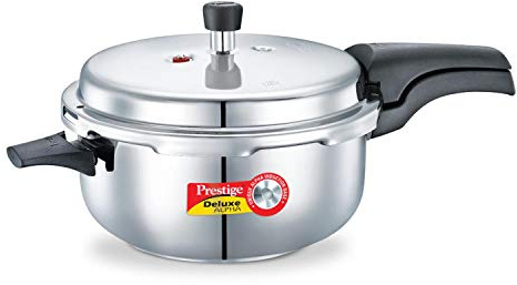 Prestige 5L Alpha Deluxe Induction Base Stainless Steel Deep Pressure Pan, 5.0-Liter, Silver