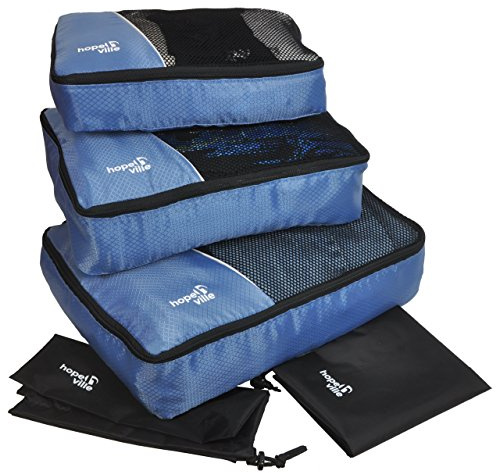 HOPEVILLE Kleidertaschen-Set 5-teilig, mit 3 Koffertaschen - PLUS einem Wäschebeutel und einem Schuhbeutel, Premium Packing Cubes für perfekt organisiertes Reisegepäck (Blau)