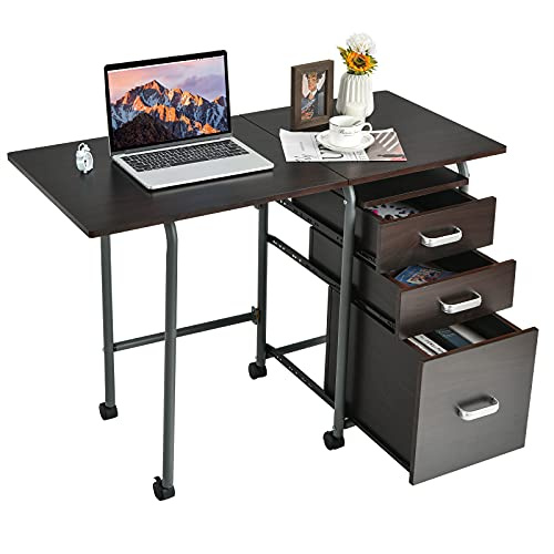 GIANTEX Computertisch zusammenklappbar, Schreib-Computertisch mit Rollen, Bürotisch Officetisch mit Rollcontainer 3 Schubladen, Klapptisch Schreibtisch Officetisch PC Tisch platzsparend (Braun)