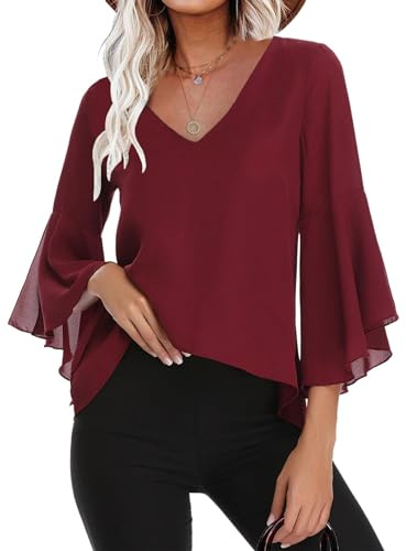 Gyabnw Blusa Donna Estiva in Chiffon Estiva Camicia Donna Casual Traspirante 3/4 Manica Volant Scollo a V Blusa B-Vino Rosso,M