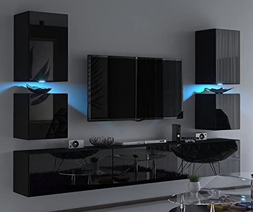 Furnitech Wohnwand Wohnzimmer | Moderner TV Schrank mit LED RGB - 16 Farben | Hängend Wohnwand Groß | Wohnzimmer Schrankwand mit Regalen und TV Schrank (C75-HG-B1 1A Schwarz)