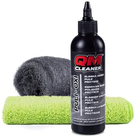 QM Cleaner Kit Puli-Oxi | Lucidante per metalli, smacchiatore di ruggine e detergente per cromature - Include anche lana d'acciaio 000 + panno in microfibra