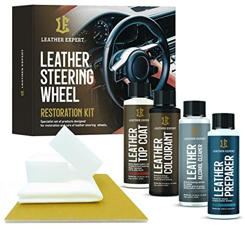 Juego de cuidado y renovación del volante de cuero para los propietarios de coches, con pintura para cuero, limpiador y preparador de 50 ml, con accesorios, llanta de piel