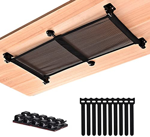 HX AURIZE Kabelnetz für Schreibtisch, Schwarz | Elastisches Netz unter der Tischplatte, verstärkte Seitenstäbe, Klebe-Positionierung plus Schraubmontage