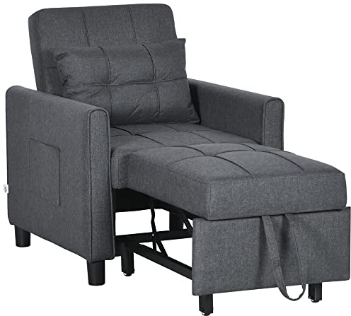 HOMCOM Poltrona Letto Singolo 3 in 1 Pieghevole, Schienale Regolabile 3 Posizioni, Cuscino, Divano Letto Imbottito Salvaspazio in Tessuto Effetto Lino e Legno con Ruote, Tasche, 69x82x85cm, Grigio