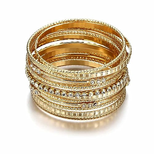 Cubahop 10PCS Layered Vintage Wide Face Armreif Armbänder Glatte Stapelbare Hand Schmuck für Frauen und Mädchen (Gold)
