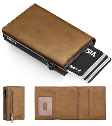 Manmaxim Geldbörse Herren Slim Wallet mit Münzfach, Pop-up Kartenetui Heren für 10 Karten, Portmonee Herren mit RFID Schutz Geldbeutel Heren Karten Portemonnaie Smart Wallets for Men (Braun)