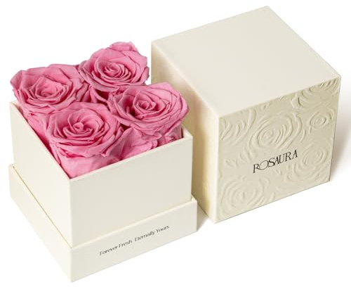 Rosaura 4-Piece Eternal Preserved Roses & Flowers Gift Box - Forever Lasting Real Roses, Preserved Flowers for Christmas, Valentine's Day Pink