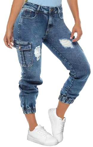 Women's Cargo Capri Jeans High Waist Ripped Tapered Jogger Denim Pants Flap Pocket Carrot Jeans,Blue,Small