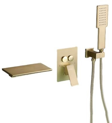 Grifo Bañera y Ducha Cascada Oro Cepillado Griferia Ducha Empotrada con Alcachofa Ducha con Manguera Grifos Duchas de Baño-Pequeño