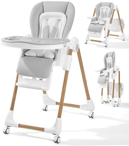 Mallify Foldable High Chairs for Babies and Toddlers, 3-in-1 Convertible Baby High Chair with Removable Soft Cushion and Tray, Adjustable Height & Recline, Lockable Wheels, Ligh Gray