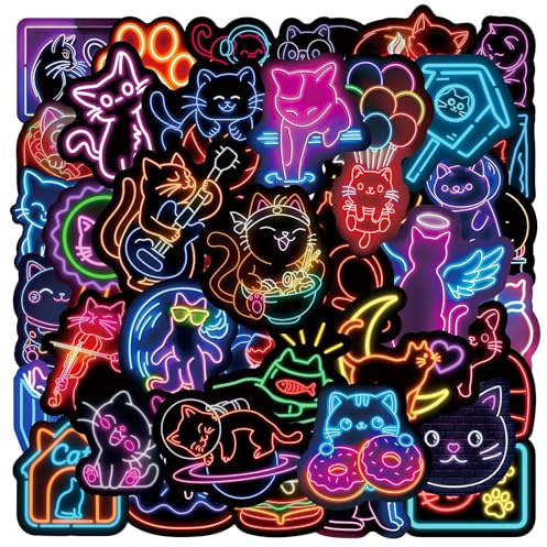 PNGIF Katze Neon Stickers 50 Stück, Kawaii Lustig Aufkleber für Scrapbook Kindle Kühlschrank Skateboard Laptop Fahrrad MacBook Koffer Journal, Wasserfeste Graffiti Trippy Decals