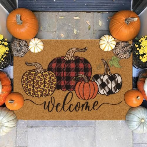 Paillasson d'Halloween citrouille bienvenue avec fibre de coco – Tapis d'entrée extérieur et intérieur – Dos en caoutchouc antidérapant, parfait pour les vacances d'automne, 50 x 80 cm