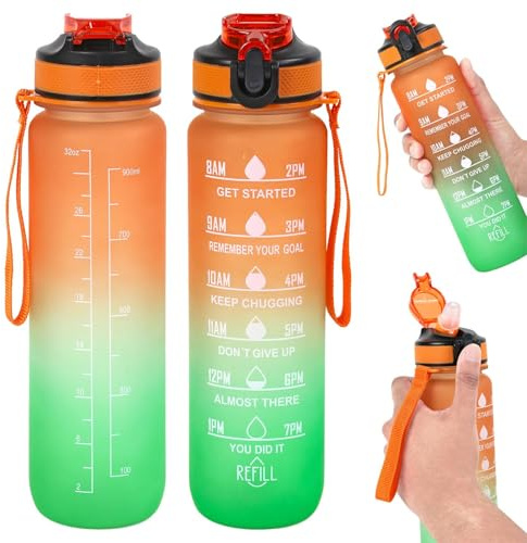Livhome 1L Leakproof Hourly Water Bottle, BPA-Free Plastic Bottle with Straw, Time-Marking Intake Tracker, Motivational Gym & Sports Hydration Bottle for Adults (Orange/Green)