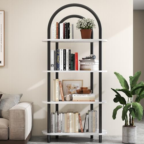 YOSHOOT Välvd bokhylla med 4 nivåer, bokhylla med metallram och trähyllor, 165,5 cm hög golvstående displayhylla, förvaringshyllor för vardagsrum, studie, kontor, 80 x 30 x 165,5 cm (vit)