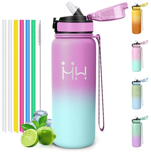 Motswedi Borraccia Termica 750 ml, con Cannuccia, Bottiglia Termica, a Prova di Perdite, Borraccia Acciaio Inox, per Bevande Calde e Freddo, per Campeggio, Palestra, Ciclismo, Rosso rosato & ciano